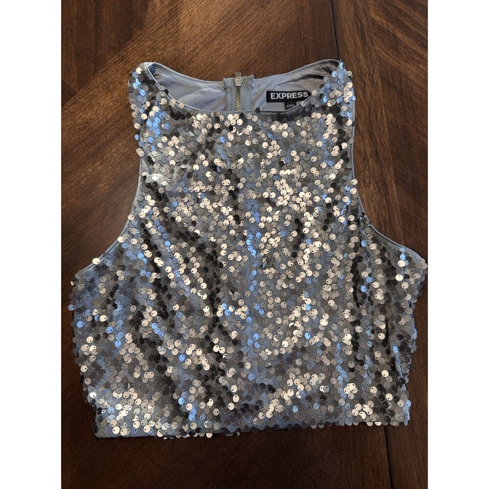 Vintage Express Sequin Crop Sparkly Tank Top Grey & Silver Sequin Y2K Size XS